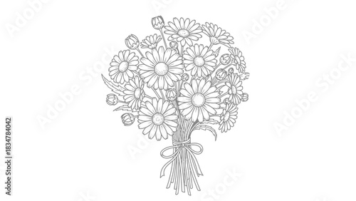 Detailed line art illustration of a beautiful daisy flower bouquet tied with a ribbon, perfect for coloring pages and floral designs.