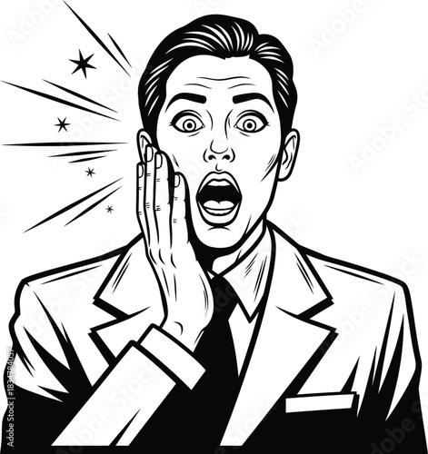 A black and white retro comic art illustration of a shocked man in a suit gasping with his hand on his cheek.