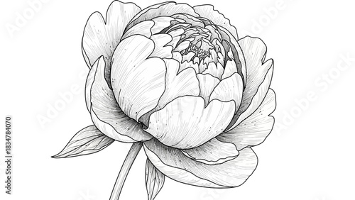 Detailed black and white line drawing of a beautiful peony flower with intricate petals and a stem, showcasing botanical art.