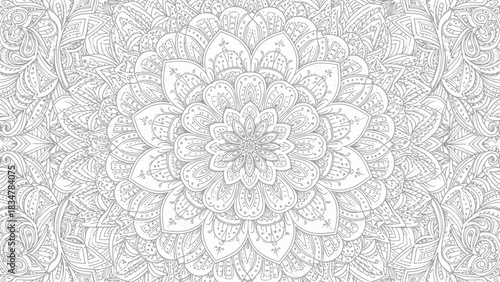 A detailed, intricate white and grey mandala pattern with floral and geometric elements, radiating outwards.
