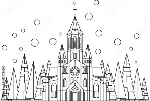 A detailed line art illustration of a Gothic cathedral surrounded by pine trees during a gentle snowfall.