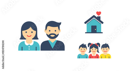 Diverse Family Unit and Loving Home Iconography.