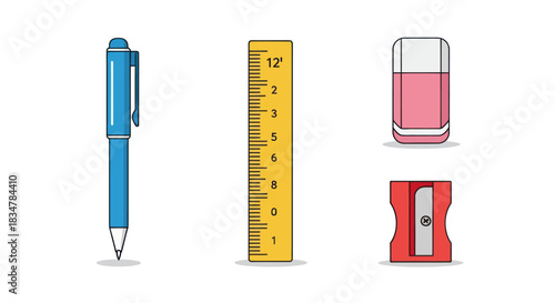 Essential School and Office Supplies Collection: Pen Ruler Eraser Sharpener.