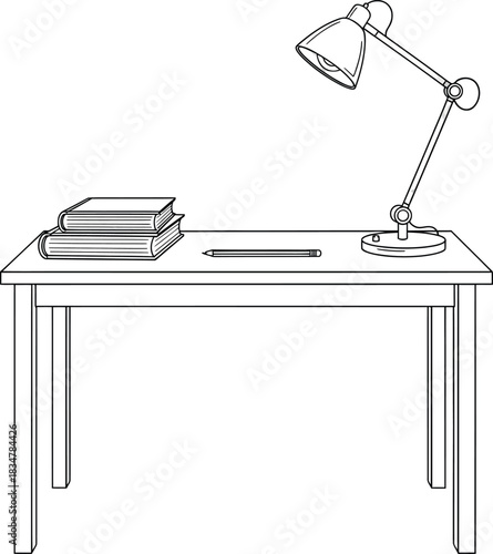 A minimalist line art illustration of a study desk with an adjustable lamp stacked books and a pencil.