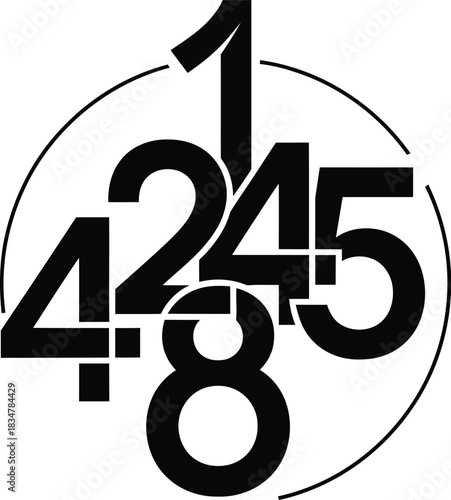 A modern abstract composition of overlapping black numbers 1 2 4 5 and 8 enclosed in a circular frame.