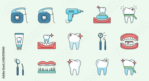 Colorful Dental Care and Oral Hygiene Icons Set with Teeth Floss and Dental Tools.