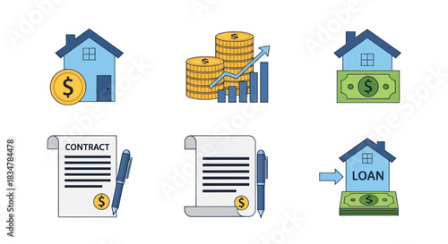 Illustrated Financial Icons Representing Home Loans Investments and Contracts.