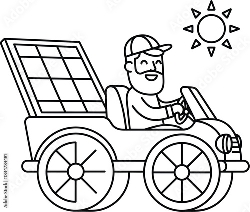 A smiling bearded man in a cap driving a cartoon car powered by a large solar panel under the sun.