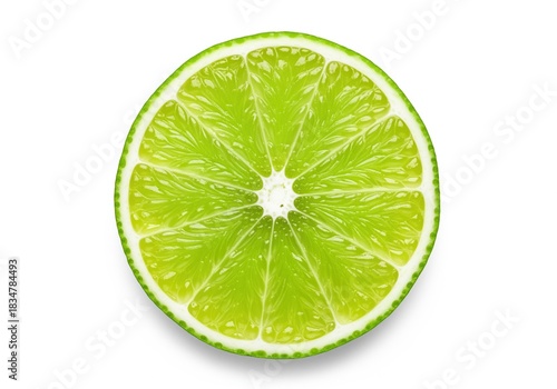 Detailed studio shot of a bright green lime slice cross section isolated on white