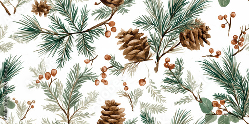 Watercolor pine branches and cones with orange berries seamless repeating pattern for natural Christmas fabrics, design, and packaging.