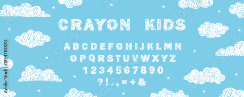 English alphabet crayon. Childlike ABC doodle font with wax texture. Pen sketch style. Playful education or classroom graphics. Vector illustration.