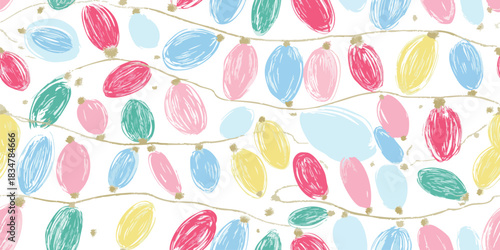 Watercolor-style red, pink, and yellow Christmas string lights seamless repeating pattern for design, textiles, wrapping paper, and holiday home decor.