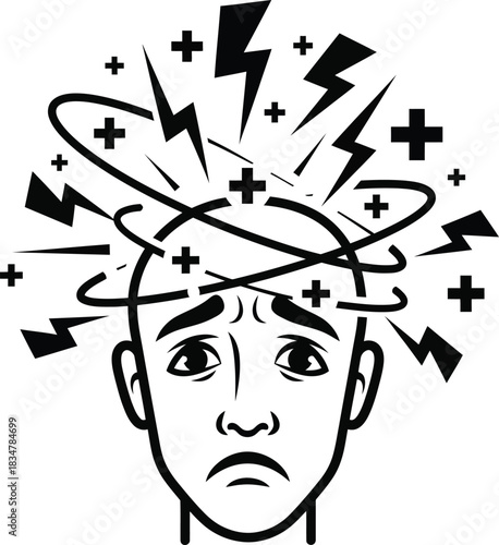 Black and white line art of a distressed face with lightning bolts and swirls symbolizing a headache migraine or dizziness.