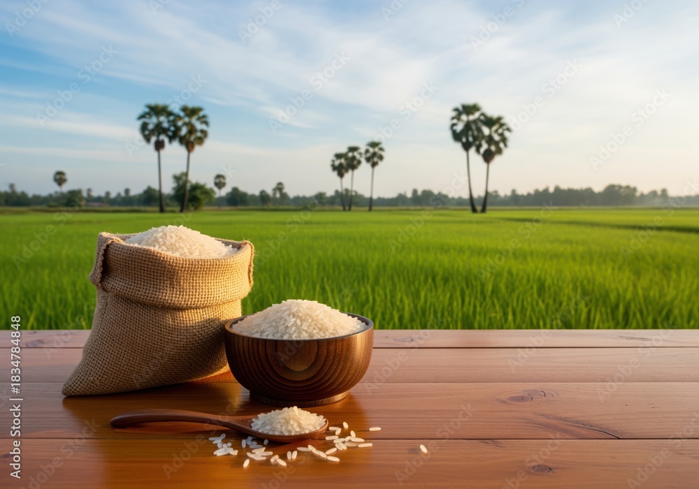 Obraz premium Raw white rice in a burlap sack and wooden bowl set on a rustic table against a tropical rice farm.