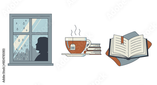 Cozy scene of a person reading by the window with tea and books.