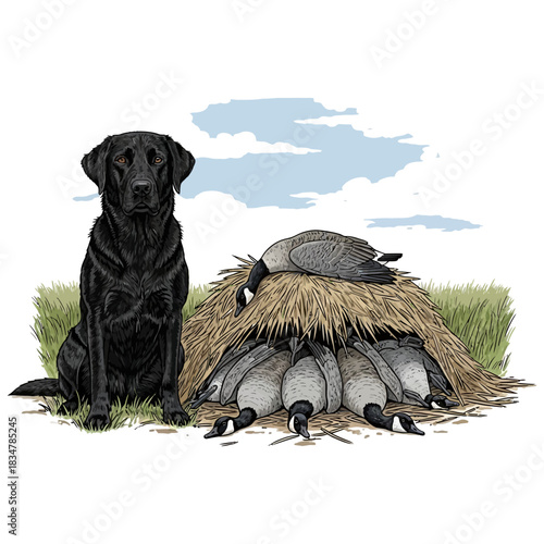 Black Labrador Retriever sitting beside harvested Canadian geese in a straw blind.