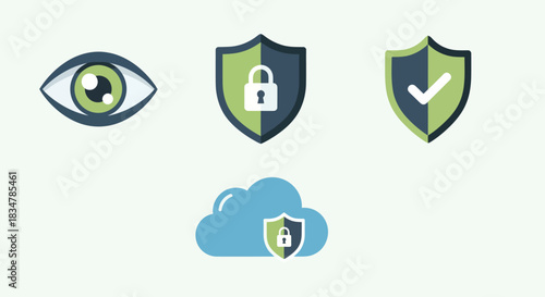 Security Icons: Eye Shields Checkmark and Cloud with Lock.