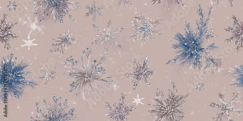 Crystalline blue and white snowflakes and glitter on a mauve pink background seamless repeating pattern for fabrics, wrapping paper, and decor.