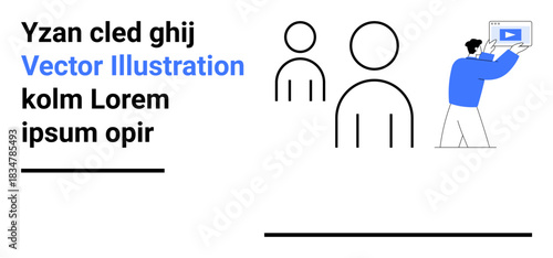 Man shows a video on screen while abstract group icons represent attendees or audience. Ideal for education, presentation, marketing, teamwork, storytelling, communication, simple landing page