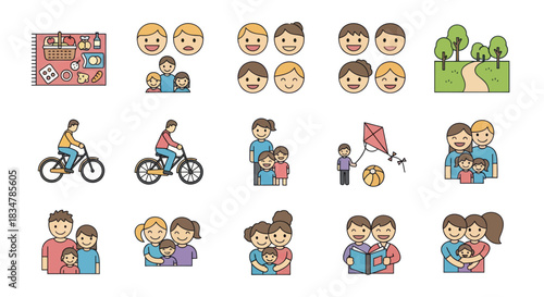 Diverse Family and Activity Illustrations Featuring People and Nature.
