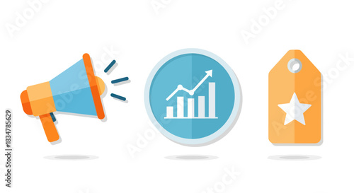 Megaphone Growth Chart and Star Tag Icons Representing Marketing and Success.