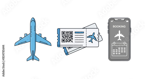 Air Travel Planning Icons: Airplane Tickets and Smartphone Booking App.