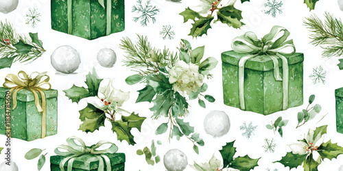 Watercolor Christmas gifts, snowballs, and white poinsettia seamless repeating pattern in lush green shades for design, fabrics, and packaging.