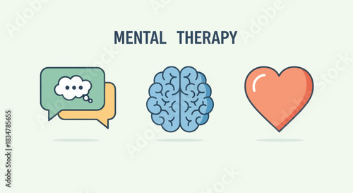 Mental Therapy Concept: Speech Bubbles Brain and Heart Icons.