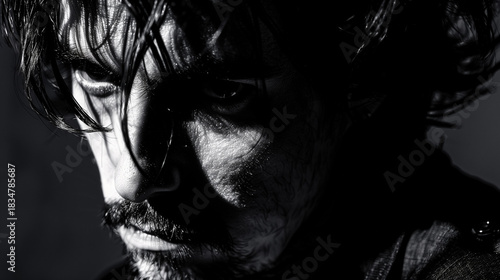 Dramatic male portrait with strong contrast lighting and deep shadows