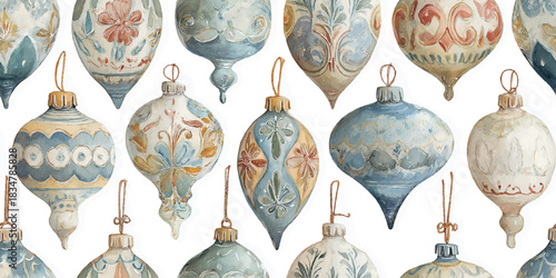 Watercolor vintage Christmas ornaments in pale blue, beige, and terracotta seamless repeating pattern for classic holiday design and decor.