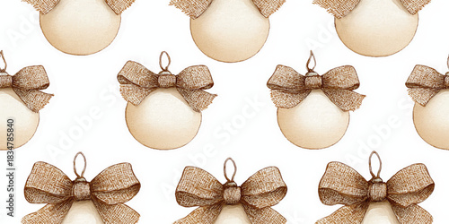 Hand-drawn burlap Christmas ornaments with rustic bows seamless repeating pattern for natural holiday fabrics, tags, and packaging.