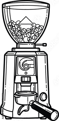 Line art illustration of a coffee grinder with beans and portafilter