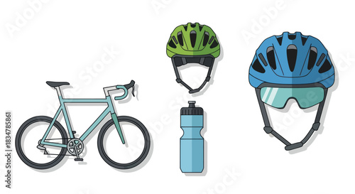 Cycling Equipment: Bicycle Green Helmet Blue Helmet with Visor and Water Bottle.
