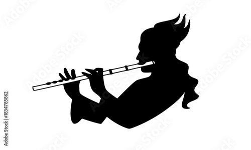 Lord Krishna Playing Flute Vector Outline Drawing, Bansuri Musician Black and White Line Art, Hindu God Murali Manohar Mythology Illustration.