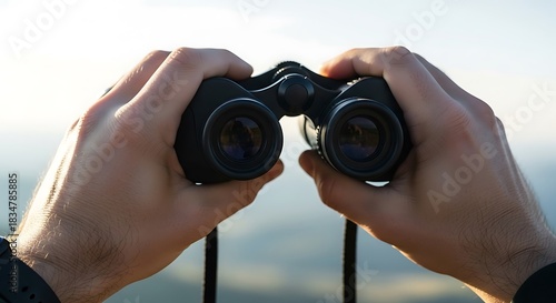 Observing the distant landscape with binoculars in hand, visual quest