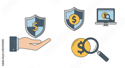 Financial Security Icons: Shield Coin Laptop Magnifying Glass.