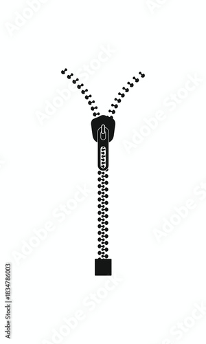 Black and white vector illustration of a partially open zipper with the slider at the top