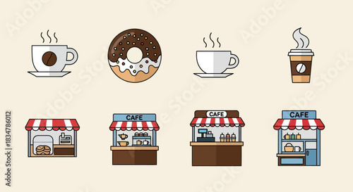 Collection of stylized coffee cups donuts and cafe stalls.