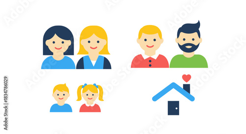 Flat Design Family Avatars and Home Icon Set.