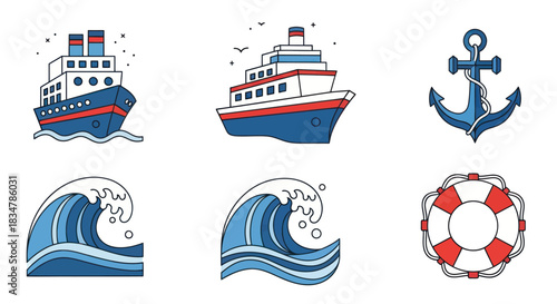 Cartoon-Style Blue and White Passenger Ship Illustrations.