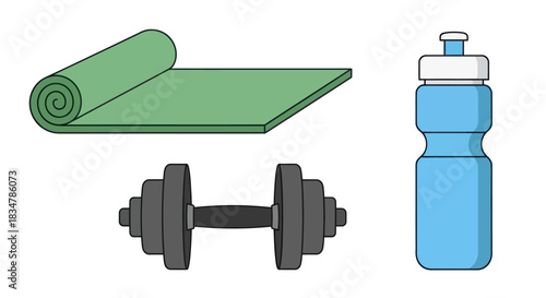 Green yoga mat dumbbell and blue water bottle for fitness.