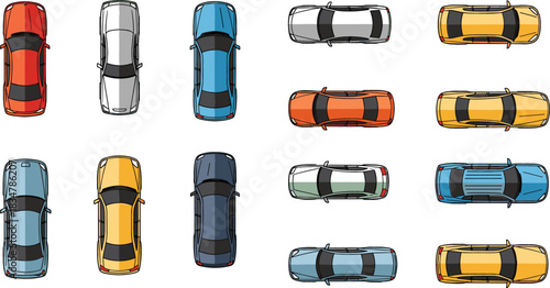 Collection of diverse cars seen from above in various colors