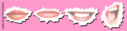 Set of Mouth Halftone Dotted Collage Element Pointillize in Paper Torn Vector Ideal for speech, retro pop art, communication, and abstract expression graphics. Symbolizes talking, simple expression
