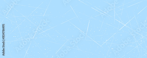 Scratch ice surface texture. Light blue icy background with skate traces, cracks, scratches. Rough winter sport rink backdrop. Frozen lake or pond water wallpaper with dots, spot and lines. Vector