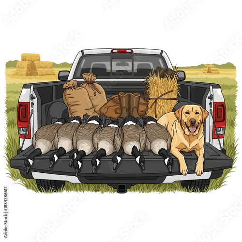 Yellow lab with harvested Canada geese and hunting gear sitting on a pickup truck tailgate