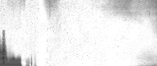 Damaged distressed pattern texture. Horizontal striped glitch background. Lined scanned image effect concept wallpaper. Linear halftone photocopy scratches backdrop. Vector black worn copy paper print