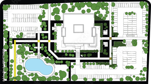Aerial view of a modern building complex with parking lots and a swimming pool