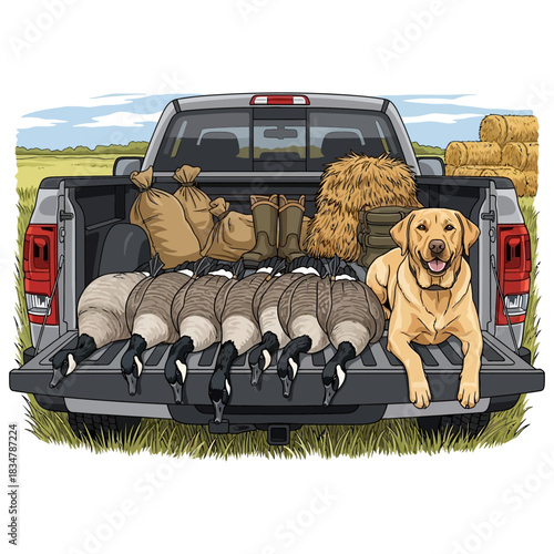 Yellow lab with harvested Canada geese and hunting gear sitting on a pickup truck tailgate