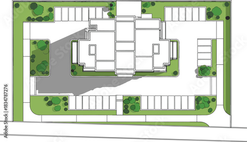Aerial view of a modern apartment building with surrounding parking and landscaping