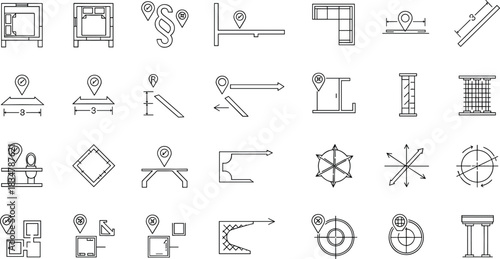 Collection of architectural and design icons for planning and measurement